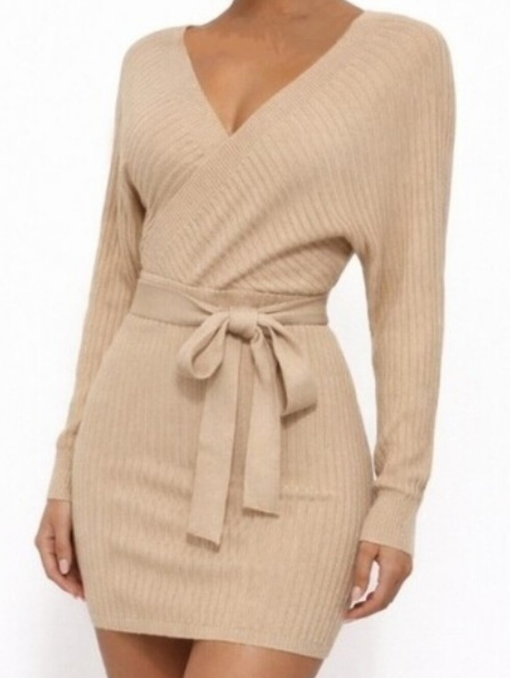 Windsor Beige Ribbed Wrap Front Mini Sweater Dress Dolman Sleeve XL